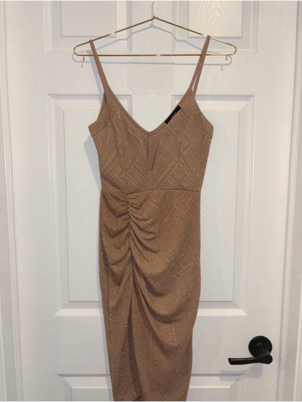 Ruched Maxi Dress in Brown with gold glitter